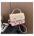 Close-up of pink straw woven handbag featuring gold metal buckle and leather strap - Pink