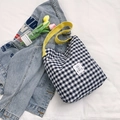 Blue and white checkered canvas tote bag with contrast yellow straps for casual daily use - Black / Yellow
