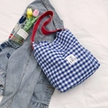 Blue and white checkered tote bag with bright red straps and front brand label - Blue / Red