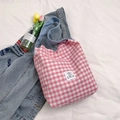 Pink and white checkered canvas tote bag with a light blue wide shoulder strap - Pink / Light Blue
