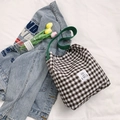 Brown and white plaid canvas tote bag with green handles and EMIS brand label - Brown / Green