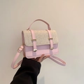 Pink straw and PU leather crossbody bag with top handle and gold metal buckle - Pink