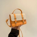 Fashionable orange leather crossbody bag with beige woven straw texture panel - Orange