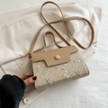 Khaki leather and straw crossbody bag featuring floral embroidery and elegant pink petals - Khaki