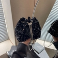 Fashionable black sequin drawstring bucket bag with silver chain and pearl accents - Black