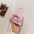 Pink bow mini square bag with silver rhinestones and chain strap for women - Pink