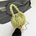 Pale yellow pleated drawstring bucket bag with silver chain and bubbly texture fabric - Green