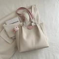 Cream and pink contrast tote bag with chain strap and plush monster pendant charm - With Pink Plush Pendant / Pink