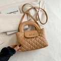 Khaki quilted leather handbag with gold metal lock and detachable shoulder strap - Khaki
