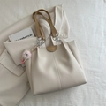 Creamy white faux leather tote bag with khaki handles and pink plush keychain - With Pink Plush Pendant / Khaki