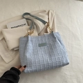 Chic light blue woven tote bag with chain strap and gold logo plate for women - No Pendant / Blue