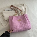 Pink waffle texture tote bag with gold chain strap and leather patch detail - No Pendant / Pink