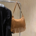 Sac cabas marron en cuir avec longues franges bohèmes et bandoulière réglable - Marron