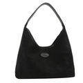 Black suede and leather tote bag with oval logo emblem in a minimalist shoulder design - Black