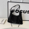 Detail of black bow shoulder bag with pleated texture and white fashion logo print - Black