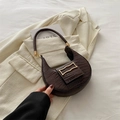 Deep brown crescent underarm bag with crocodile embossed pattern and gold buckle - Brown