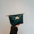 Dark green quilted clutch bag with glossy finish and top metal zipper for daily use - Green