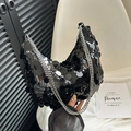 Funkelnde schwarze Pailletten-Hobo-Tasche mit silberner Kette für elegante Schultermode - Schwarz