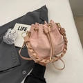 Pink drawstring bucket bag with water ripple texture and woven handle for women - No Pendant / Pink (No Charm)