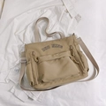 Khaki nylon tote bag with DUO NING print and adjustable crossbody strap for women - Khaki