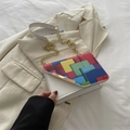 White crossbody bag with colorful geometric print and gold chain strap for women - White