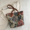 Retro-Shopper aus Jacquard mit Blumenmuster und braunen Ledergriffen für Damen - Rot