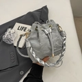 Silver drawstring bucket bag with pleated texture and thick woven handle for women - Silver (No Pendant)