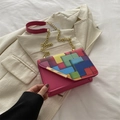 Pink crossbody square bag with colorful geometric patchwork flap and gold chain strap - Rose Pink