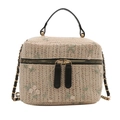 Straw woven box bag with floral embroidery and chain strap for women, main front view - Black