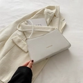 Minimalist white rectangular shoulder bag with gold Fashion text in a professional setting - White