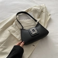 Elegant black leather underarm bag with square rhinestone buckle and French vintage style - Black