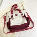 Contrast color canvas tote bag in beige and burgundy with adjustable crossbody strap - White & Red
