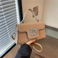 Chic beige square crossbody bag with sparkling oversized rhinestone buckle and top handle - Khaki