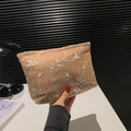 Embroidered vintage floral clutch bag in tan woven fabric with white flower details - Brown