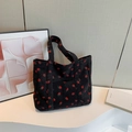 Large capacity black corduroy tote bag with red strawberry print for daily use - Black