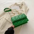 Green quilted chain bag in glossy PU leather with gold hardware and wide shoulder strap - Green