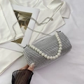 Elegant silver rhinestone pillow handbag with pearl handle and metal chain strap - Silver