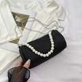 Elegant black cylinder evening bag with sparkling rhinestones and pearl handle chain - Black