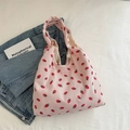 Roze corduroy draagtas met klein aardbeienpatroon en dubbele handvatten voor dames - Roze