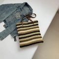 Handmade striped woven tote bag with brown leather handles and chic casual style - Brown