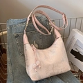 Pink Chinese style jacquard shoulder bag with landscape embroidery and beaded drawstrings - Pink