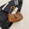 Brown leather half-moon shoulder bag with a gold chain strap and square buckle detail - Brown