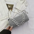 Sparkling silver rhinestone cylinder bag with dual metal chain straps for women - Silver