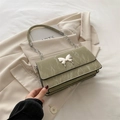 Sage green pleated shoulder bag with silver butterfly buckle and chain strap - Green