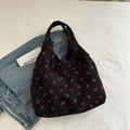 Grand sac fourre-tout en velours côtelé noir avec broderie fraise et design décontracté - Noir