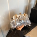 Elegante borsa da sera con paillettes argento con manico a leone e catena - Argento