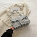 Grey marble texture shoulder bag with silver chain strap and rhinestone buckle - Silver
