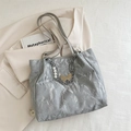 Gray pleated tote bag with silver chain, pearl charms and gold butterfly detail - Silver