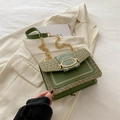 Dark green leather crossbody bag with tweed flap and gold chain strap detail - Green