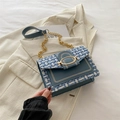 Blue tweed and leather crossbody bag with golden chain strap and large metal buckle - Blue